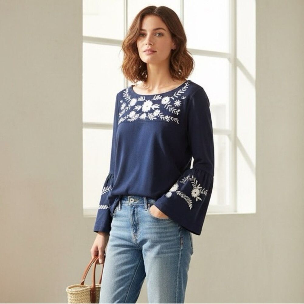 J. Crew Embroidered Bell Sleeve Top Navy White Floral Size Small
